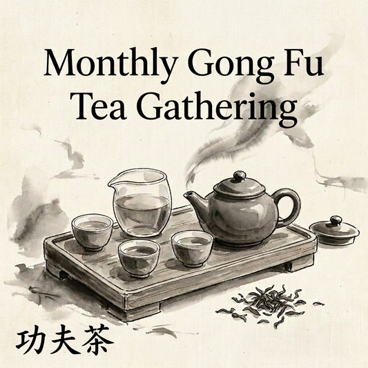 Monthly Gong Fu Tea Gathering ink-painting cover with tea utensils and 功夫茶 in the lower-left corner.